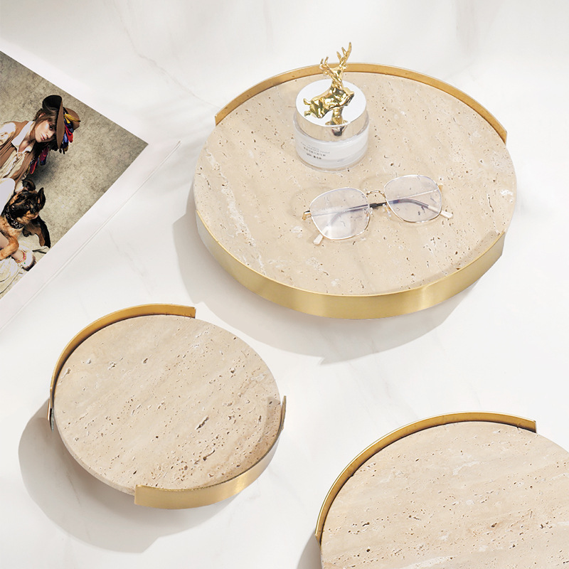 Marble Serving Board - Piatto rotondo Beige marrone travertino Hotel